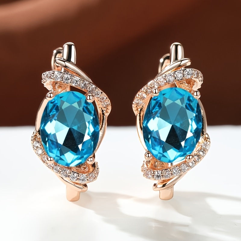 Women's Blue Oval Synthetic Zirconia Inlaid Earrings, Elegant & Classic